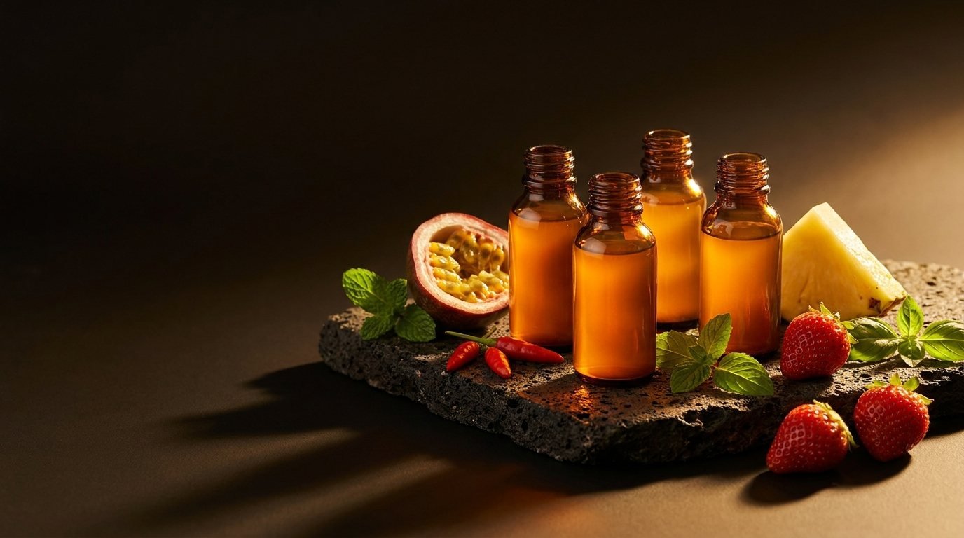 Four small amber glass Supah Shots bottles on dark volcanic stone, surrounded by fresh passion fruit, pineapple, strawberries, red Hawaiian chili peppers and green herb sprigs in warm golden light.