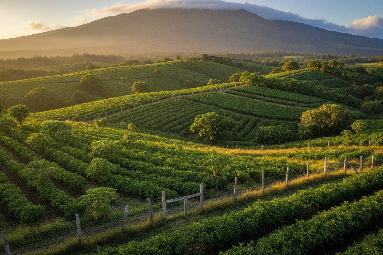 Golden-hour view of green upcountry farm terraces on the slopes of Haleakalā, Maui, with a weathered wooden fence and the misty volcano ridge behind.